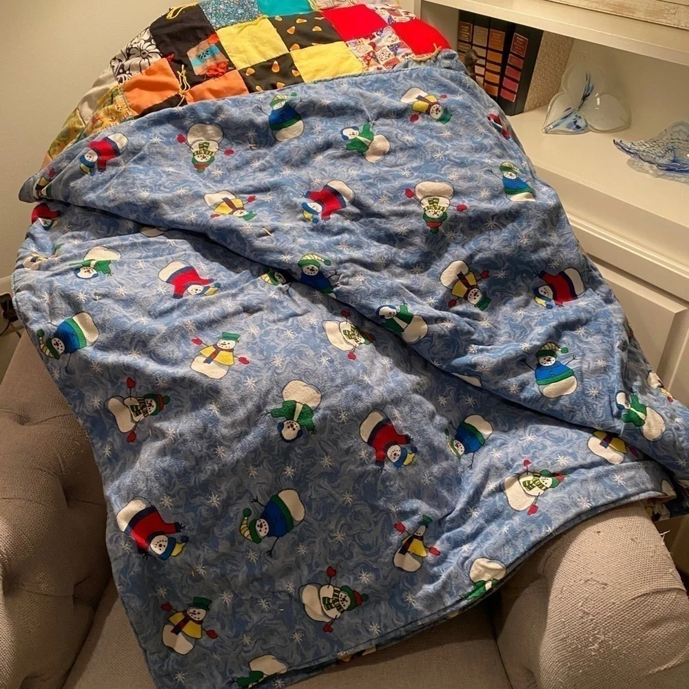 Patchwork Tied Cottagecore Quilt w/a Winter Blue Snowman Scene on Backside